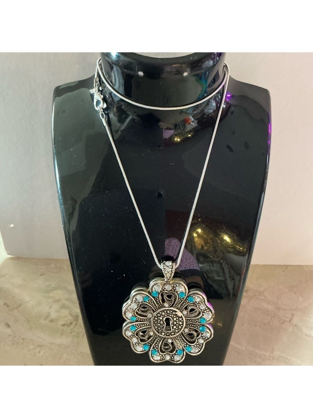 Vintage Silver Turquoise Filigree Pendant Necklace